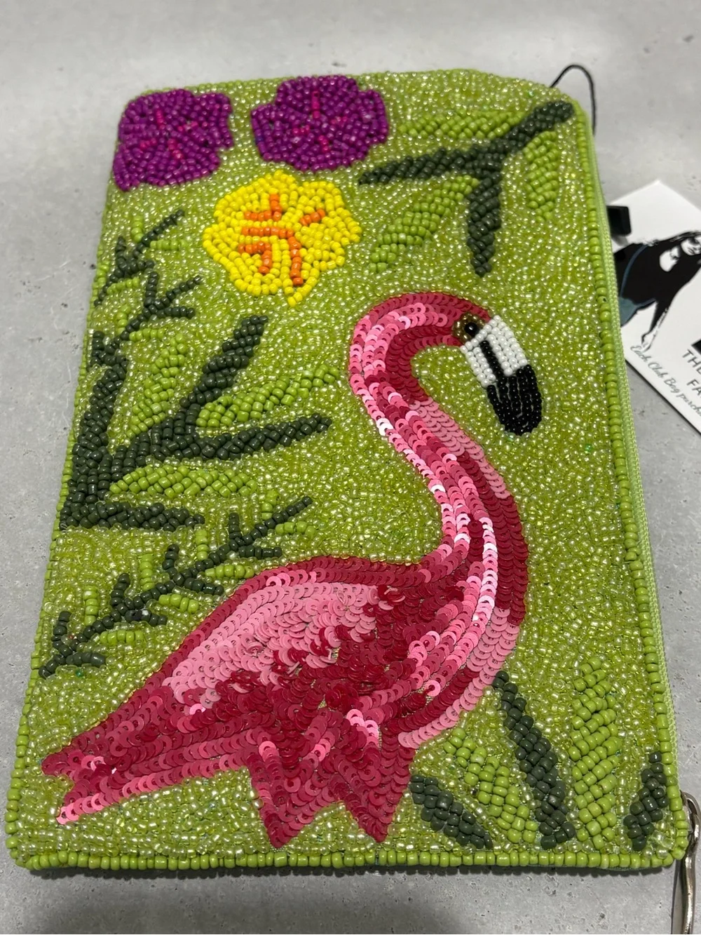 Beaded Flamingo Zip Pouch - Lime Green & Pink by Bamboo Club